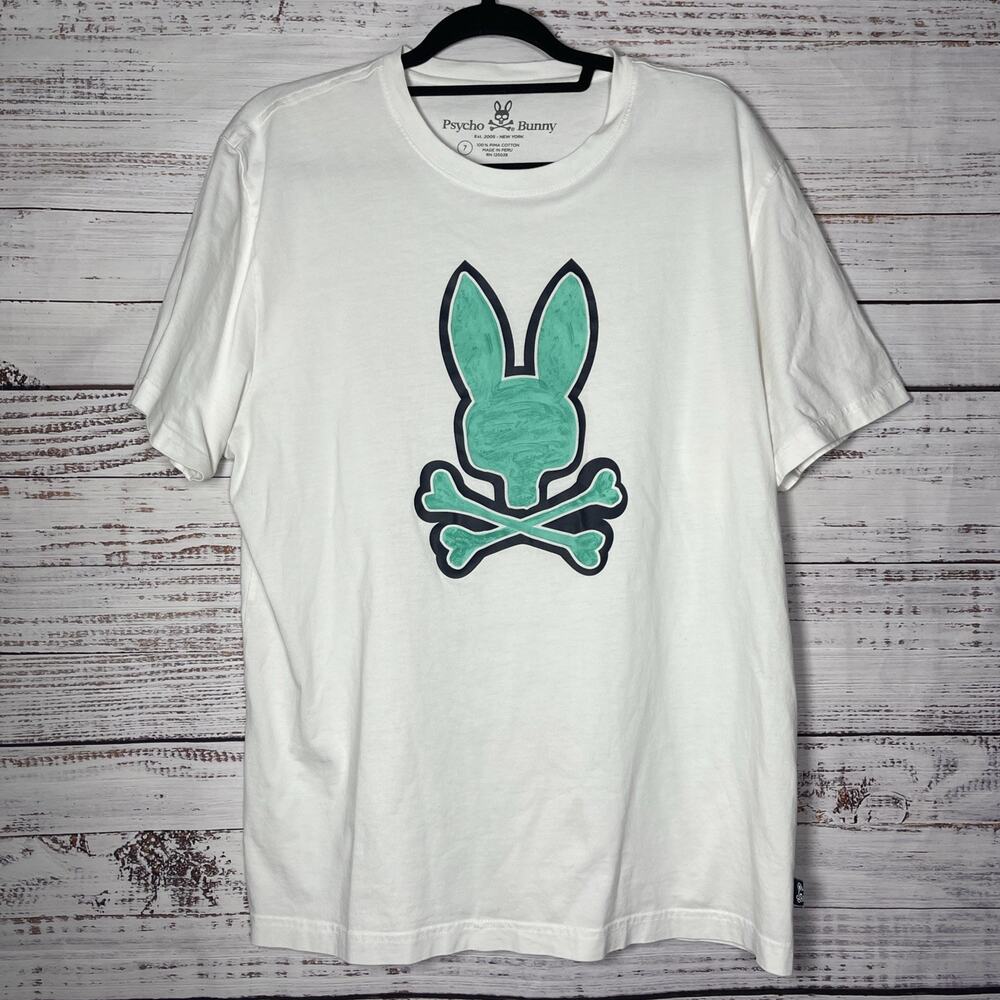 Psycho Bunny Shirt Mens Sz. 7 White Pima Cotton Skull Bunny Graphic Tee Logo